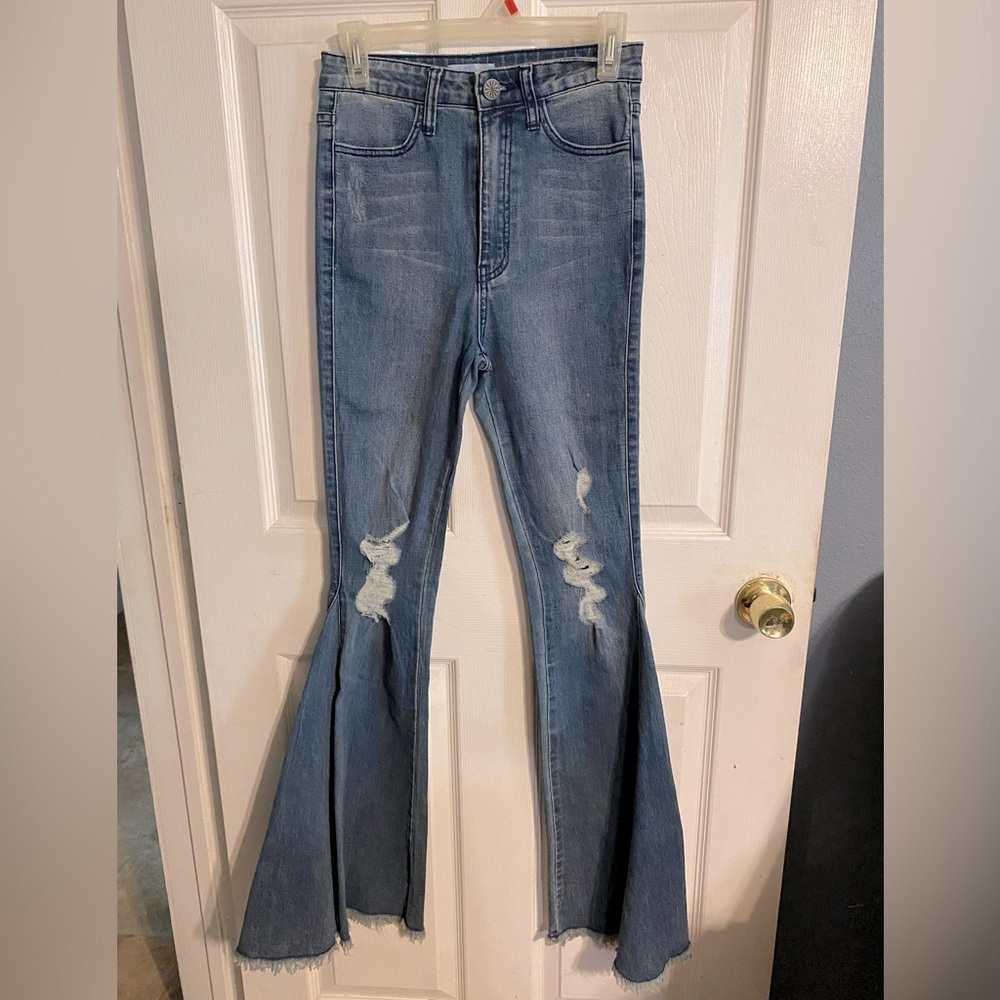 MuMu Blue Jeans Womens 26 Distressed Medium Wash Flare High Waist Berkely Bells